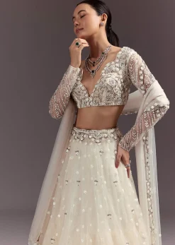 White Net Lehenga Set With Embellished Blouse And Dupatta