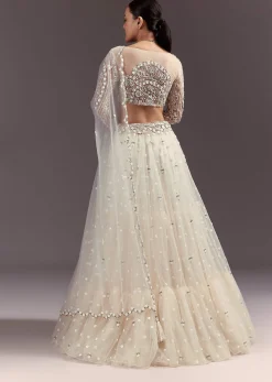 White Net Lehenga Set With Embellished Blouse And Dupatta