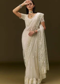 White Net Saree With All Over Heavy Embroidery