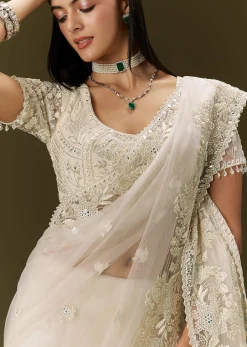 White Net Saree With All Over Heavy Embroidery