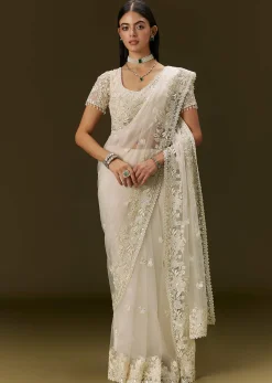 White Net Saree With All Over Heavy Embroidery