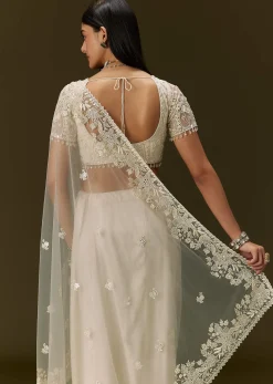 White Net Saree With All Over Heavy Embroidery