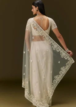 White Net Saree With All Over Heavy Embroidery