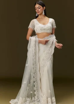 White Net Saree With All Over Embroidery