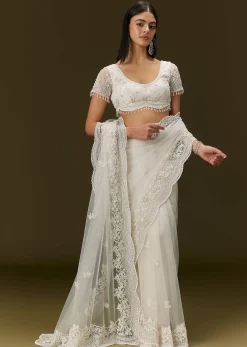 White Net Saree With All Over Embroidery