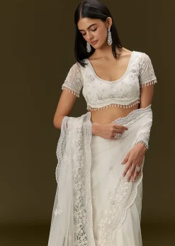 White Net Saree With All Over Embroidery