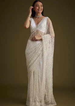 White Net Saree With Sequins And Stones Embroidery