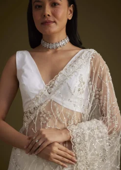 White Net Saree With Sequins And Stones Embroidery