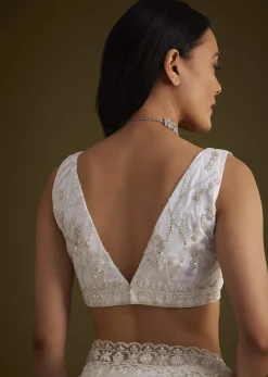 White Net Saree With Sequins And Stones Embroidery