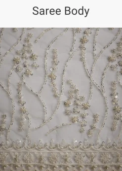 White Net Saree With Sequins And Stones Embroidery