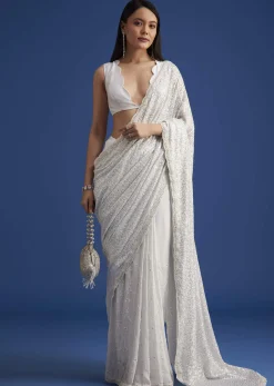 White Net Sequins Saree with Scalloped Embroidered Border