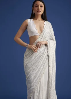 White Net Sequins Saree with Scalloped Embroidered Border