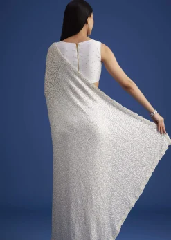 White Net Sequins Saree with Scalloped Embroidered Border