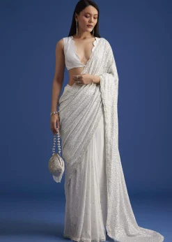 White Net Sequins Saree with Scalloped Embroidered Border