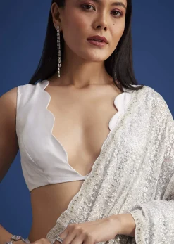 White Net Sequins Saree with Scalloped Embroidered Border