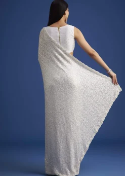 White Net Sequins Saree with Scalloped Embroidered Border