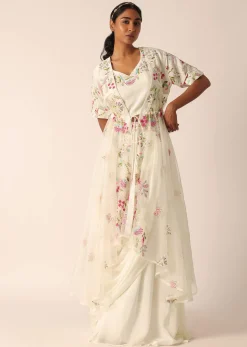 White Organza Jacket And Silk Lehenga Set With Embroidered Detail