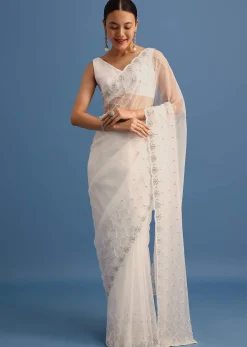 White Organza Saree With Beads And Stone Scallop Border And Unstitched Blouse