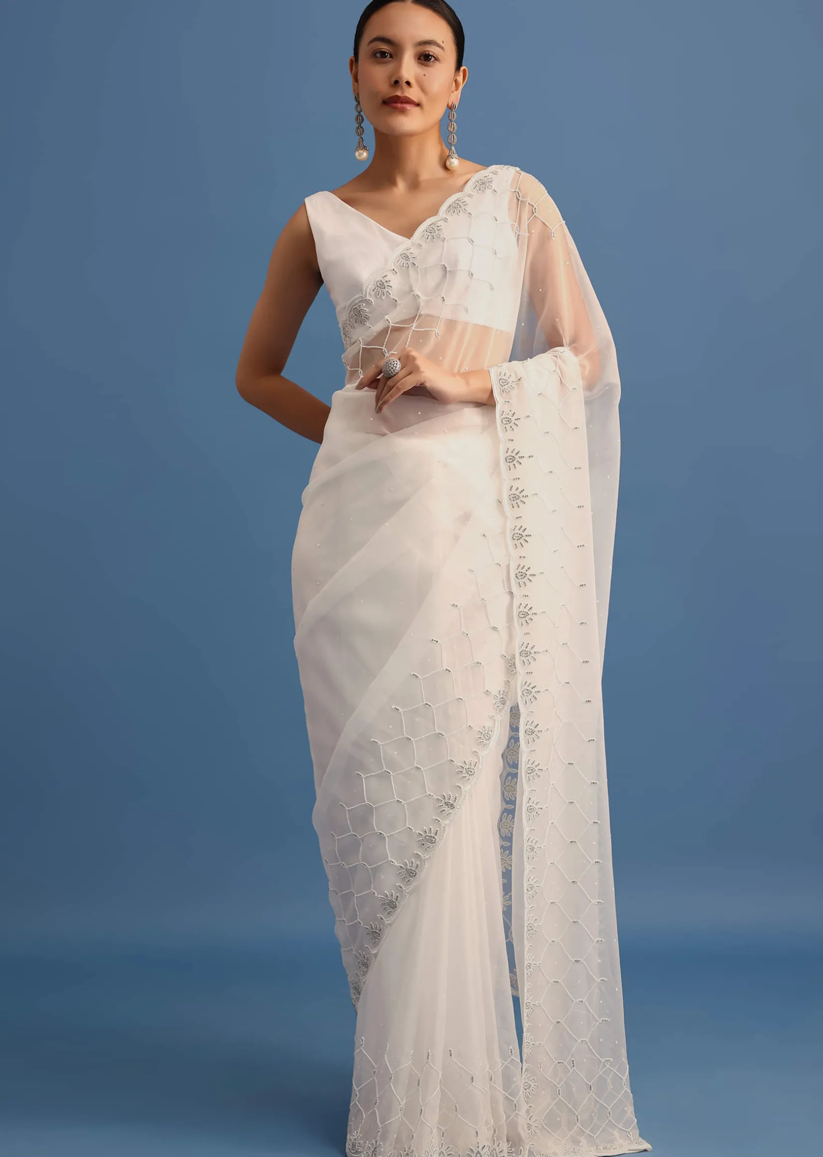 White Organza Saree With Beads And Stone Scallop Border And Unstitched Blouse