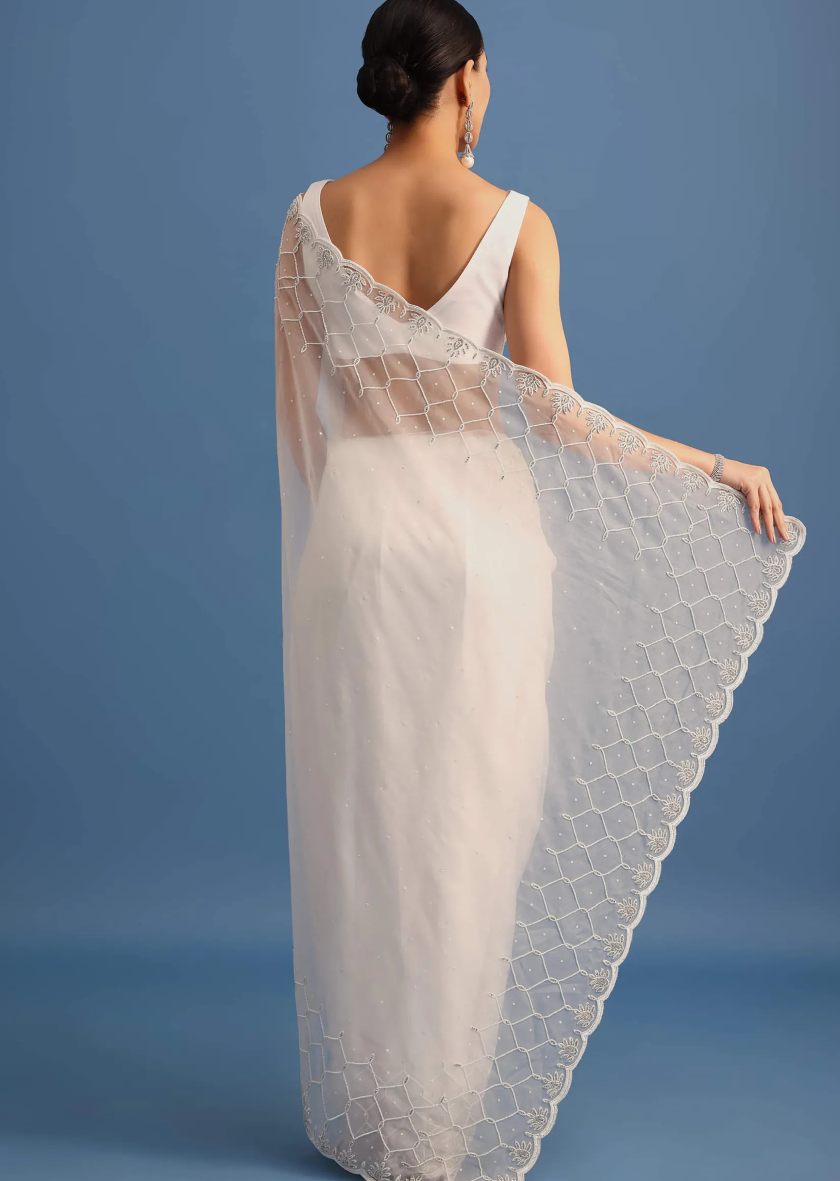 White Organza Saree With Beads And Stone Scallop Border And Unstitched Blouse