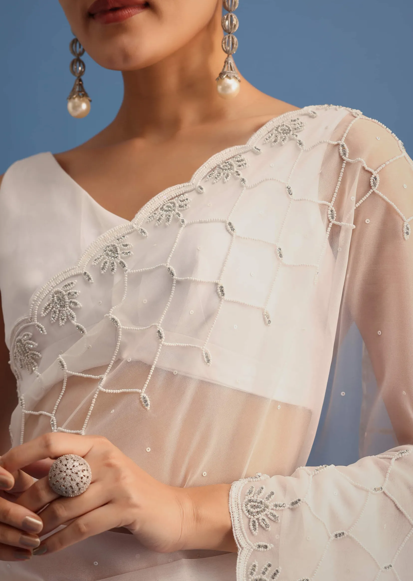 White Organza Saree With Beads And Stone Scallop Border And Unstitched Blouse