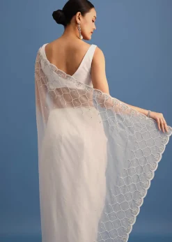 White Organza Saree With Beads And Stone Scallop Border And Unstitched Blouse