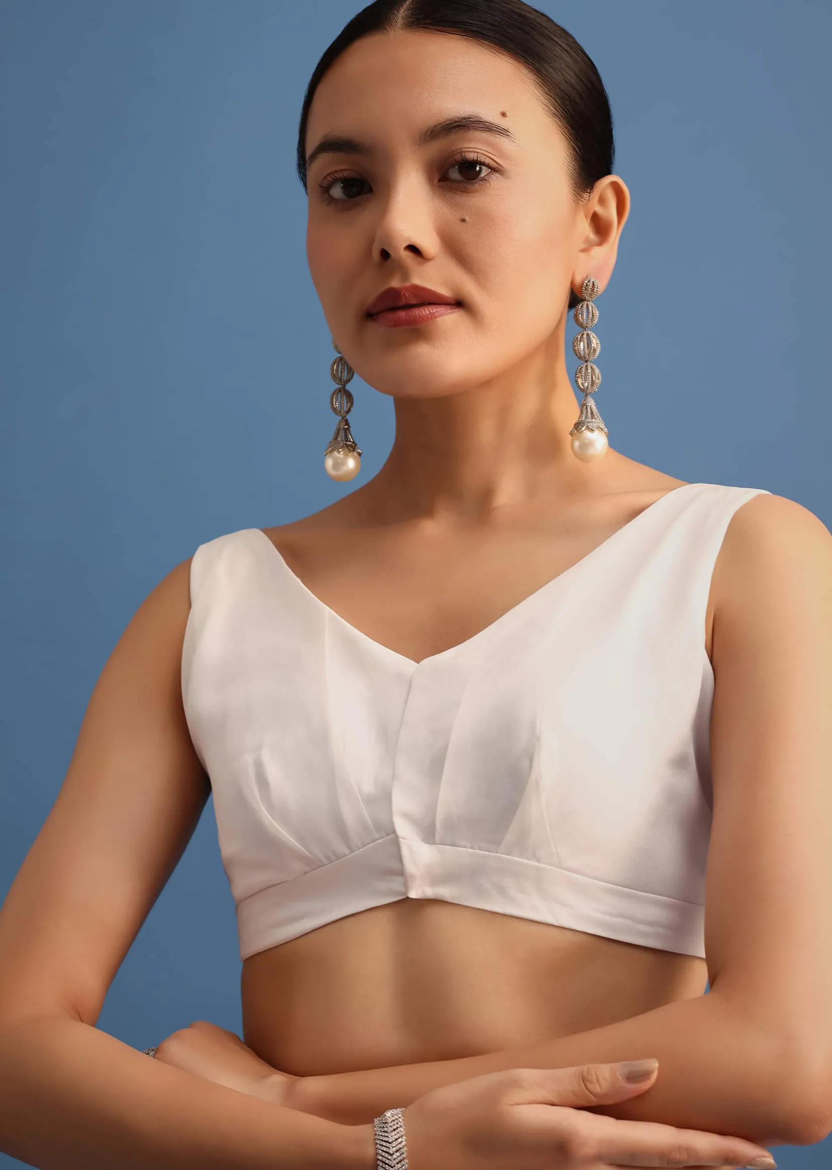 White Organza Saree With Beads And Stone Scallop Border And Unstitched Blouse