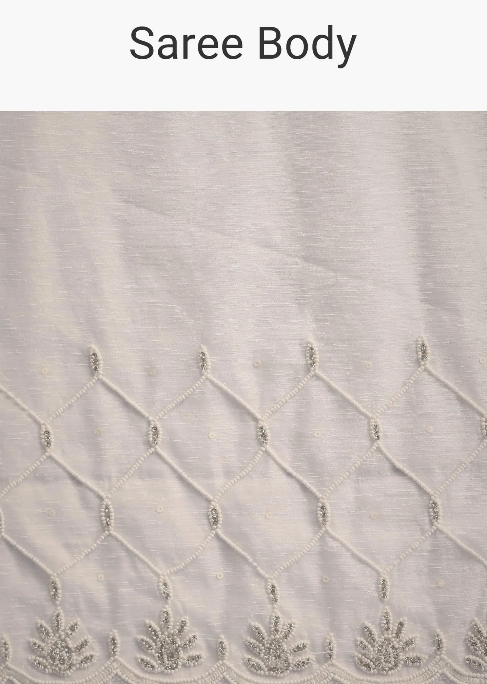 White Organza Saree With Beads And Stone Scallop Border And Unstitched Blouse