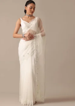 White Organza Saree With Cutdana Work And Unstitched Blouse Piece
