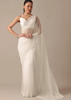 White Organza Saree With Bead Work Border And Unstitched Blouse Piece