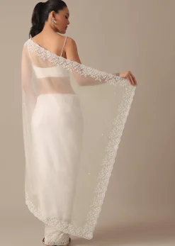White Organza Saree With Bead Work Border And Unstitched Blouse Piece