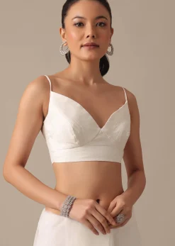 White Organza Saree With Bead Work Border And Unstitched Blouse Piece
