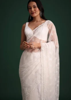 White Organza Saree With Cutdana And Sequin Embroidery