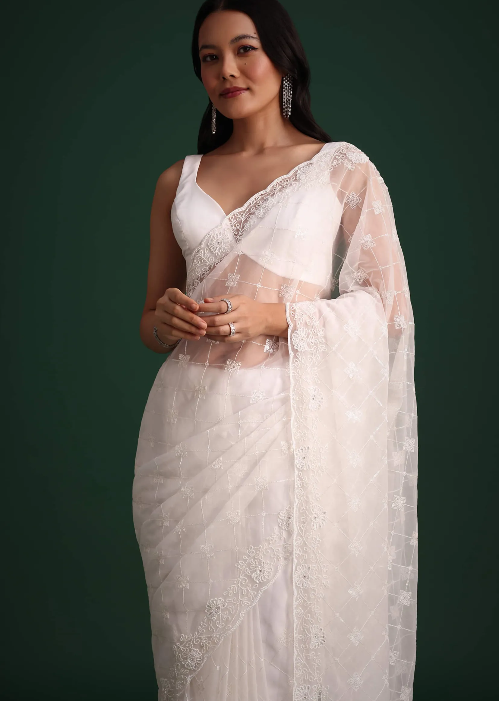 White Organza Saree With Cutdana And Sequin Embroidery