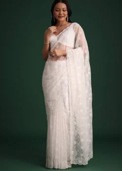 White Organza Saree With Cutdana And Sequin Embroidery