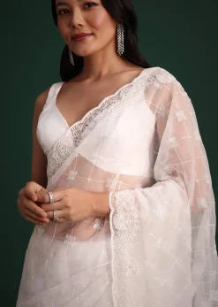 White Organza Saree With Cutdana And Sequin Embroidery