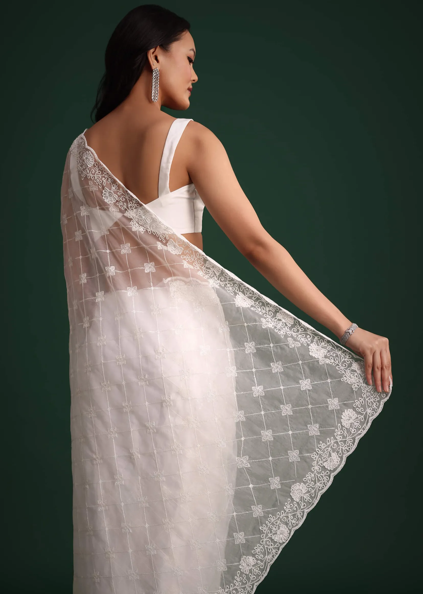 White Organza Saree With Cutdana And Sequin Embroidery
