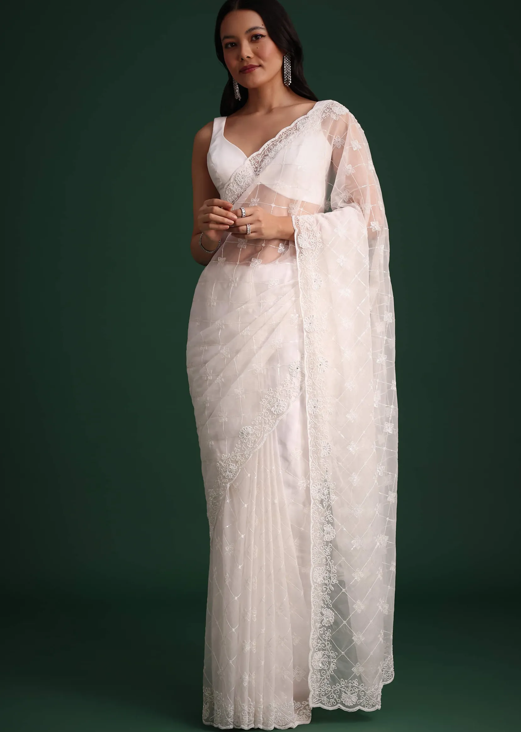 White Organza Saree With Cutdana And Sequin Embroidery
