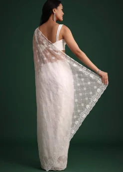 White Organza Saree With Cutdana And Sequin Embroidery