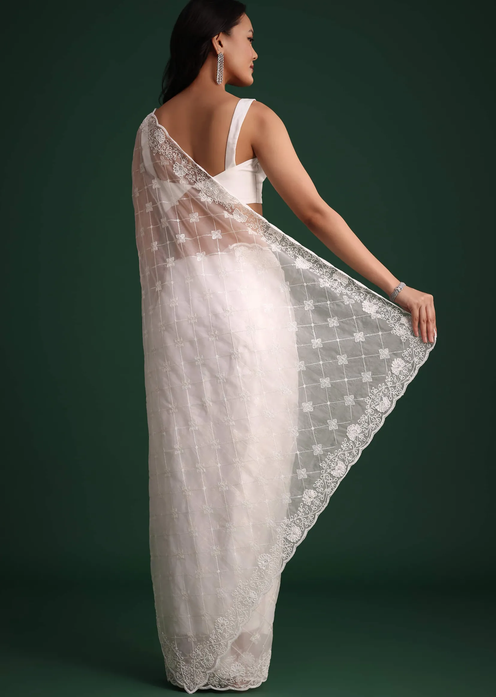 White Organza Saree With Cutdana And Sequin Embroidery