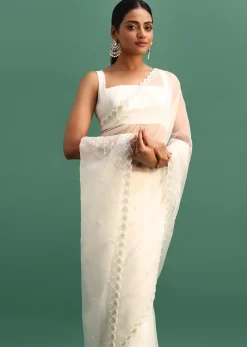 White Organza Saree With Beads And Cutdana Embroidery And Unstitched Blouse