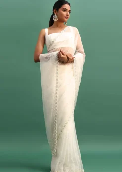 White Organza Saree With Beads And Cutdana Embroidery And Unstitched Blouse