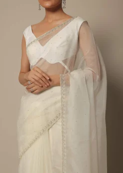 White Organza Saree With Scallop Cutdana Border And Unstitched Blouse Piece