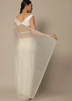 White Organza Saree With Scallop Cutdana Border And Unstitched Blouse Piece