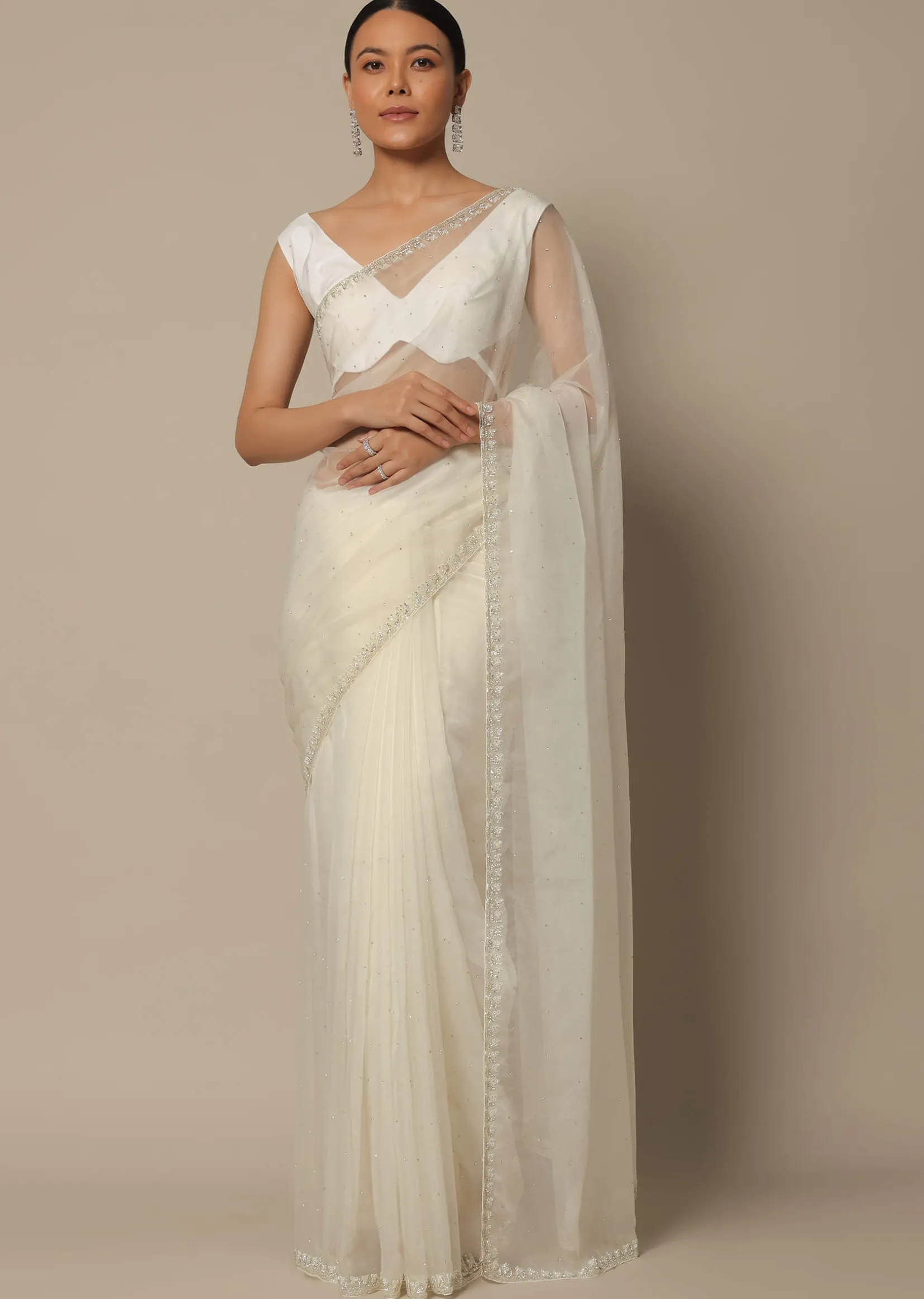 White Organza Saree With Scallop Cutdana Border And Unstitched Blouse Piece