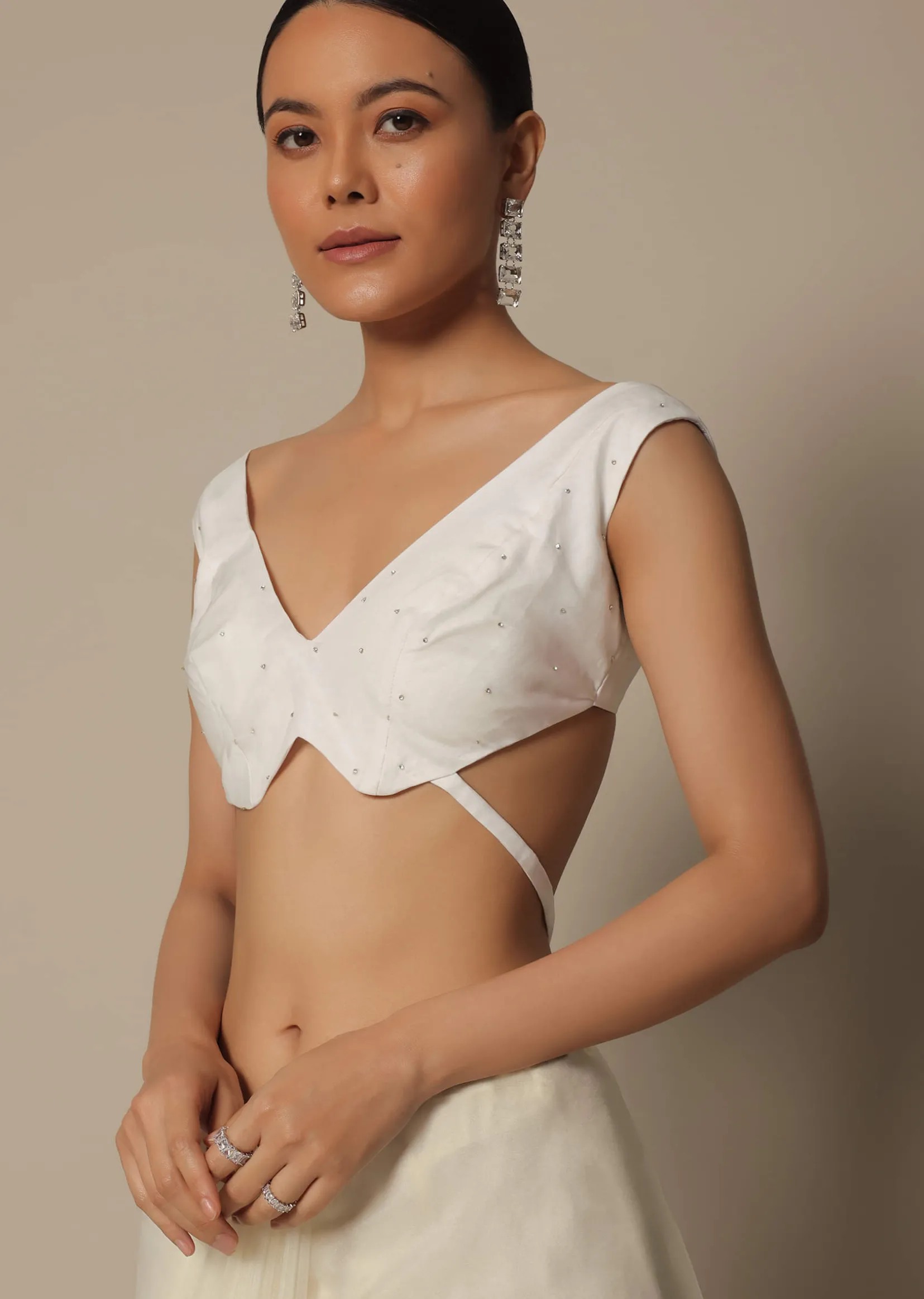 White Organza Saree With Scallop Cutdana Border And Unstitched Blouse Piece