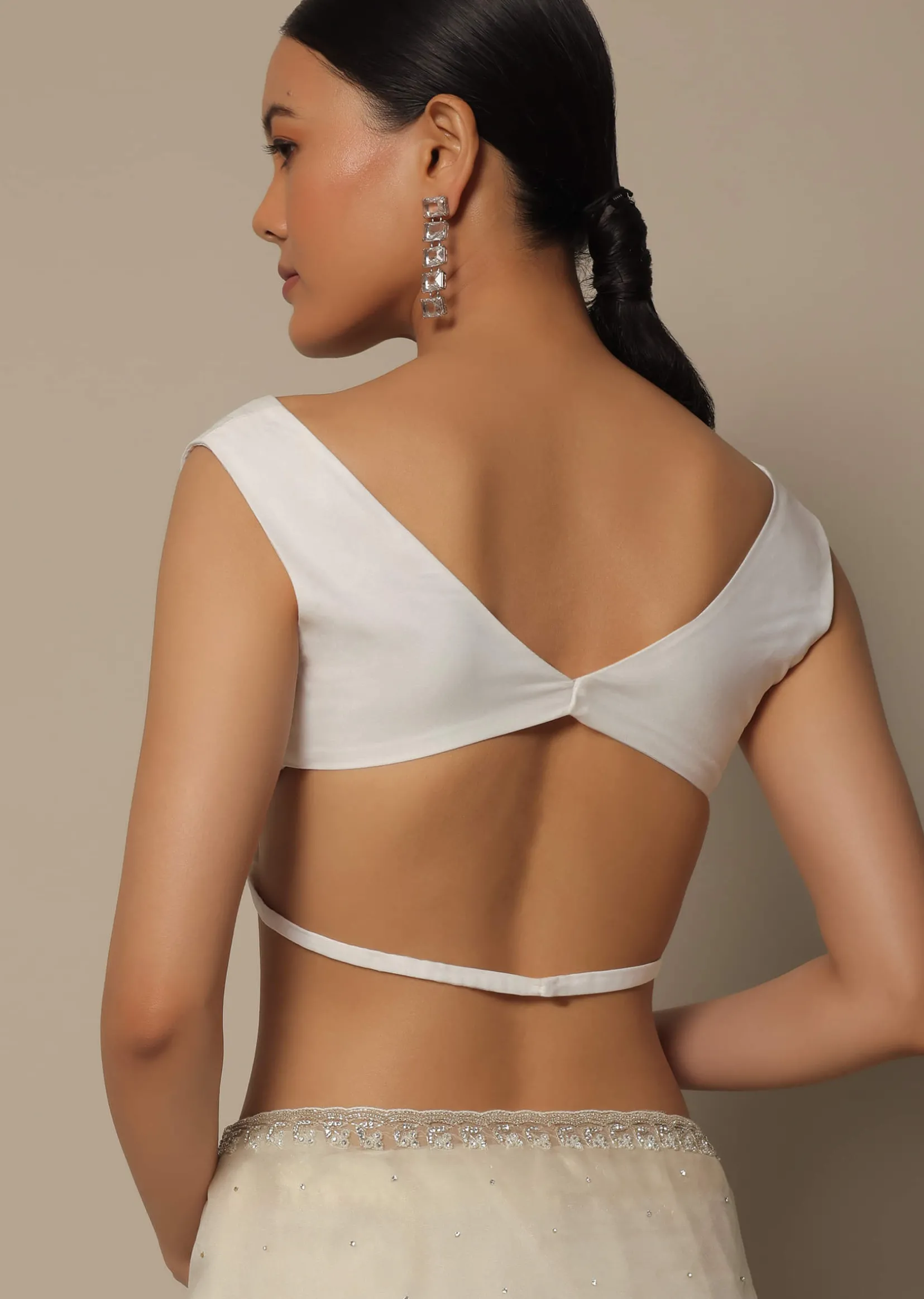 White Organza Saree With Scallop Cutdana Border And Unstitched Blouse Piece