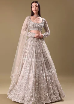 White Oyester Hand Embroidered Lehenga And Blouse Set