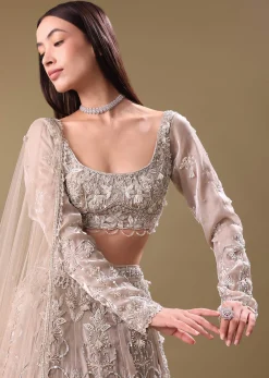 White Oyester Hand Embroidered Lehenga And Blouse Set