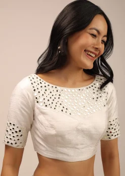 White Padded Blouse With Mirror Work And Half Sleeves